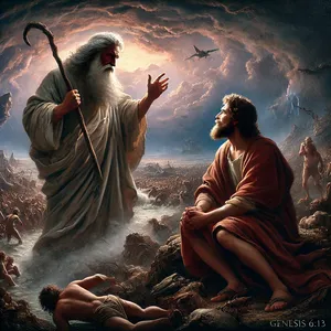 13. Bog je rekel Noetu: »Odločil sem se narediti konec vsemu mesu, kajti zemlja je zaradi njih polna nasilja; glej, pokončal jih bom z zemljo vred.