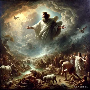 7. GOSPOD je rekel: »Izbrisal bom človeka, ki sem ga ustvaril, z obličja zemlje, človeka, živali, laznino in ptice neba, kajti kesam se, da sem jih naredil.«