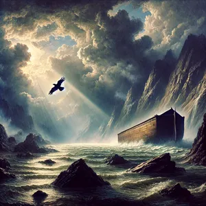 7. in je izpustil krokarja. Krokar je letal sem in tja, dokler se vode niso posušile na zemlji.